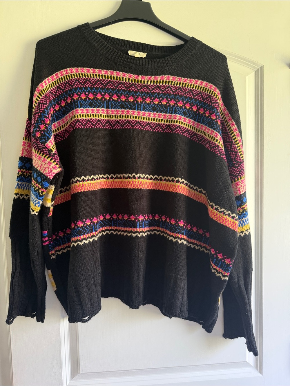 Women’s Black Crewneck Sweater with Multicolor Fair Isle Stripes